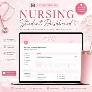 Könnte beinhalten: Ein rosa-weißes digitales Dashboard für Krankenpflegeschüler, das auf einem Laptop angezeigt wird. Der Bildschirm zeigt ein Studentendashboard mit Abschnitten für Planung, Tracking und Medikamente. Ein rosa Stethoskop und Becher sind auf der Seite. Text enthält "Nursing Student Dashboard".