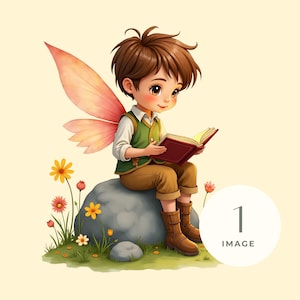 Könnte beinhalten: Cartoon-Illustration eines Feenjungen mit braunen Haaren, der eine grüne Weste und braune Hosen trägt und ein Buch liest. Er hat rosa Flügel und sitzt auf einem grauen Felsen, umgeben von Blumen. Das Bild hat die Nummer 1 und das Wort "IMAGE" in einem weißen Kreis.