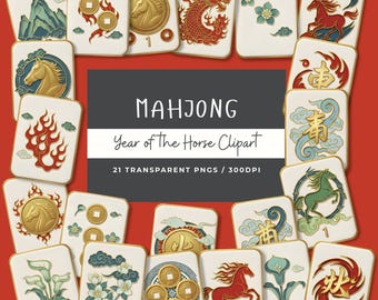 Mahjong Chinese New Year PNG, Year of the Fire Horse Clipart, Luxury Asian Game Tile Graphics, Oriental Dragon and Floral Clip Art