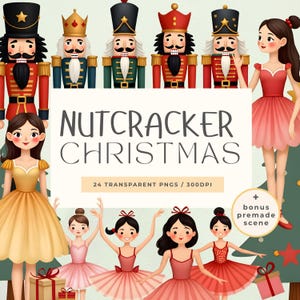 May include: Digital illustration of nutcracker soldiers and ballerinas. The image includes the text "NUTCRACKER CHRISTMAS" and details about transparent PNGs and DPI. The color palette includes red, gold, and green.