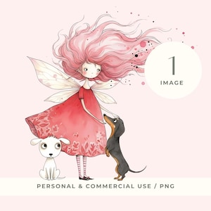 気まぐれな妖精と犬のクリップアート、ピンクの髪の妖精のクリップアート、ピクシーとダックスフンドのデジタルアート、ファンタジーガールとペット