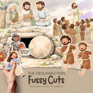 Könnte beinhalten: Aquarellillustration von "The Resurrection" (Die Auferstehung) mit filigranen Ausschnitten. Das Bild zeigt biblische Figuren, darunter Jesus, Jünger und römische Soldaten. Der Text enthält "I have seen the Lord!" und "Fussy Cuts".