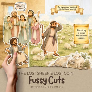 May include: A set of 38 religious-themed paper cutouts featuring illustrations of a shepherd, sheep, and people. Text includes "Rejoice with me; I have found my lost coin," "The shepherd left the 99 and searched for the lost sheep," and "There is joy in heaven when one sinner repents."