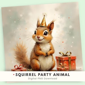 May include: A brown squirrel with a white chest wearing a gold party hat, positioned next to two red gift boxes with gold ribbons. The text SQUIRREL PARTY ANIMAL DIGITAL PNG DOWNLOAD is printed at the bottom of the image in black lettering.