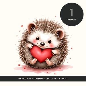 May include: A cute cartoon hedgehog with brown and white quills, holding a red heart. The hedgehog has rosy cheeks and a smiling expression. Small red hearts are scattered around the image. Text at the bottom reads "PERSONAL & COMMERCIAL USE CLIPART".