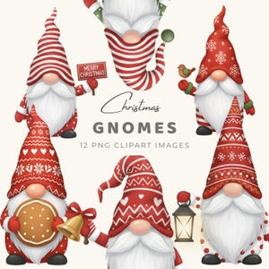 May include: A collection of Christmas gnomes featuring red and white patterned hats, long white beards, and round noses. The gnomes hold items including a Merry Christmas sign, a small bird, a gingerbread cookie, a gold bell, and a lantern.