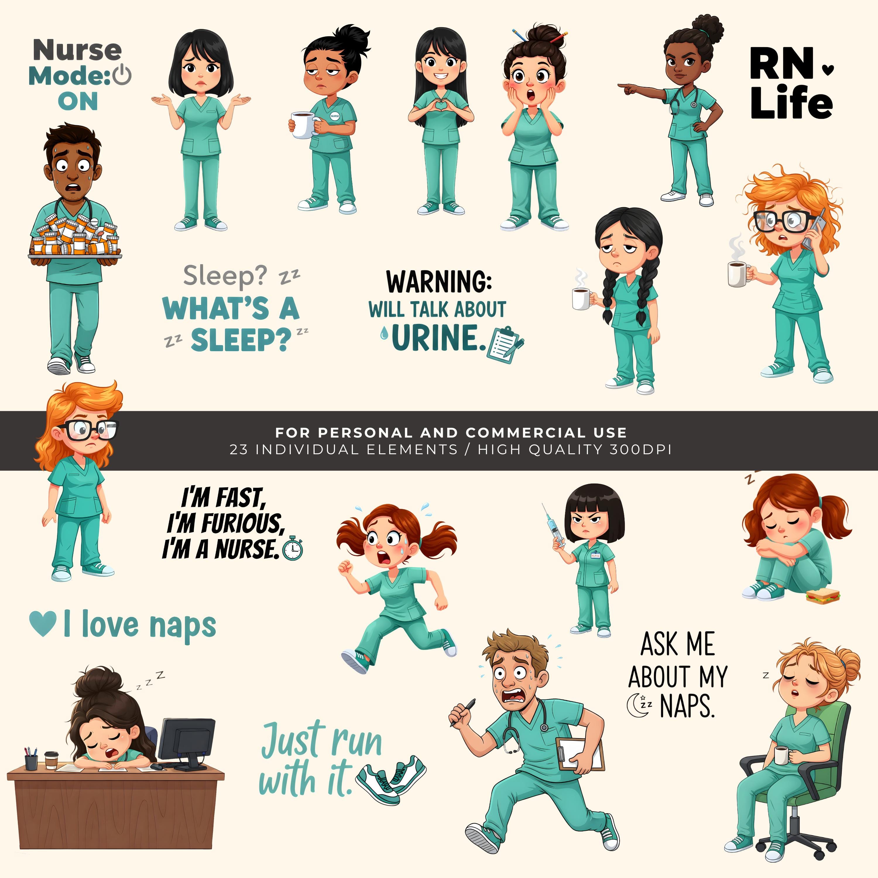 Quirky Nurse Clipart Bundle, Funny Male & Female RN Graphics ...