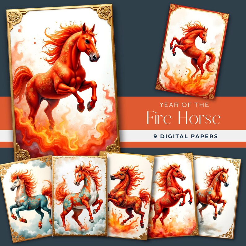 Year of the Fire Horse 2026 Digital Paper Pack, 9 High-res Asian Style ...
