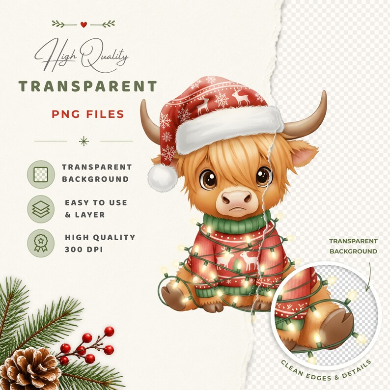 Highland Cow Christmas Clipart, Cute Cow Clip Art, Festive Farm Animal ...