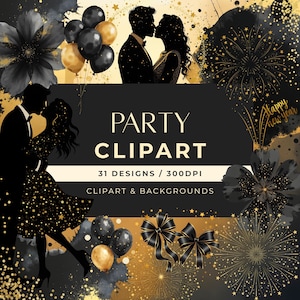 Clipart na imprezę, czarno-złoty clipart, eleganckie świętowanie w formacie PNG, romantyczne sylwetki par 2