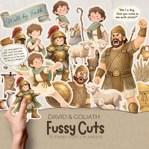 Puede incluir: Una colección de recortes minuciosos ilustrados con el tema "David y Goliat". Las imágenes incluyen personajes con armaduras, ovejas y texto que dice "Walk by Faith" y citas de la historia bíblica. El conjunto incluye 72 recortes en 10 hojas.