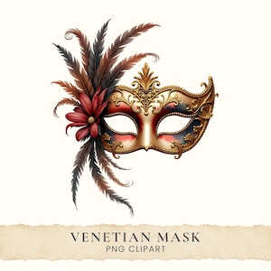 May include: A decorative Venetian mask featuring intricate gold filigree detailing, a deep red and blue gradient finish, and a cluster of dark brown and black feathers accented by a single large red flower on the left side. Text reads VENETIAN MASK PNG CLIPART.