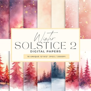 Op de afbeelding: Een verzameling van 18 digitale papieren met winterthema's. De papieren bevatten aquarel illustraties van bomen, sneeuw en sterrenhemels in roze, paarse en blauwe tinten. De tekst op de afbeelding luidt "Winter Solstice 2 Digital Papers".