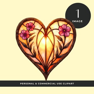 May include: Heart-shaped stained glass design with pink flowers and dark leaves. The artwork features a warm, orange and yellow background, framed by a brown border. The image includes the text "1 IMAGE" and "PERSONAL & COMMERCIAL USE CLIPART".