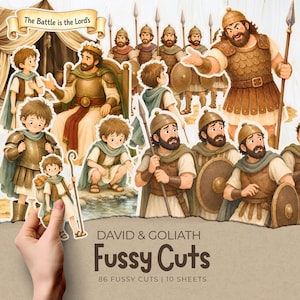 May include: A collection of die-cut stickers featuring illustrations of David and Goliath, including soldiers, a king, and a young boy with a staff. The text reads The Battle is the Lord's, DAVID & GOLIATH, Fussy Cuts, 86 FUSSY CUTS | 10 SHEETS.