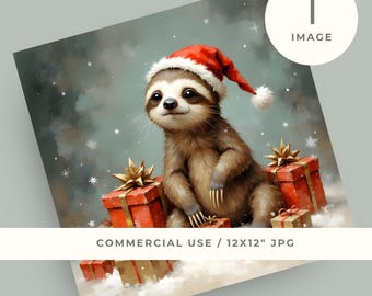 Sloth Christmas Print, Festive Animal Art, Sloth in Santa Hat, Watercolor Sloth (Digital Download)
