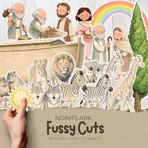 Könnte beinhalten: Eine Sammlung farbenfroher, ausgestanzter Illustrationen mit Figuren und Tieren aus der Geschichte der Arche Noah. Enthält Bilder von Noah, seiner Familie, Löwen, Zebras, Giraffen und einem Regenbogen. Der Text lautet "Noah's Ark Fussy Cuts".