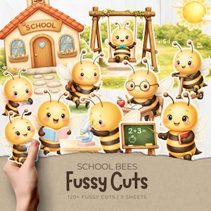 May include: A collection of whimsical "School Bees" fussy cuts. The image features cartoon bees engaged in school activities, such as reading, using a microscope, and solving math problems. A schoolhouse, swing set, and sun are also depicted. The text reads "SCHOOL BEES FUSSY CUTS".