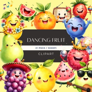 Könnte beinhalten: Aquarell-Illustrationen von lächelndem, anthropomorphem Obst, darunter Zitrone, Birne, Orange und Wassermelone. Der Text "DANCING FRUIT" ist prominent, zusammen mit "21 PNGS / 300DPI" und "CLIPART". Gelber Hintergrund.