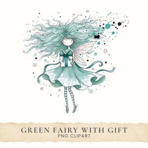 May include: A digital illustration of a fairy with long teal hair, wearing a teal dress with white floral patterns and striped leggings, holding a white gift box with a teal ribbon. The image includes teal and black paint splatters and stars.
