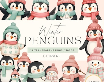 Winter Penguins Clipart, Cute Penguin PNGs with Scarves & Hats, Winter wonderland Pastel Christmas Clip Art, Snowman Bonus, Arctic Animals