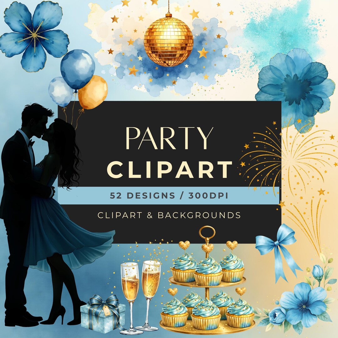 Patina Blue Party Clipart, Blue Gold Celebration PNG, Elegant Party ...
