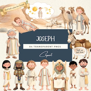 May include: Watercolor illustration featuring the word "JOSEPH" and the text "84 TRANSPARENT PNGS Clipart." The image depicts various biblical scenes and characters, including Joseph, camels, sheep, and other figures. The color palette includes beige, blue, and brown.
