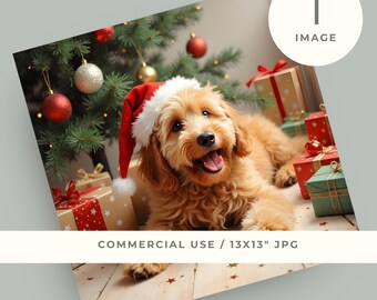 May include: A golden-colored dog wearing a Santa hat, lying down near a Christmas tree decorated with ornaments and wrapped gifts. The image has the text "1 IMAGE" in a white circle and "COMMERCIAL USE / 13x13" JPG" at the bottom.