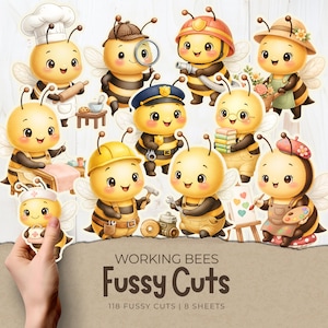 Working Bees Fussy Cuts, Kawaii Bee Jobs Fussy Cuts, Cute Occupation Bees Printable, Junk Journal Scrapbooking