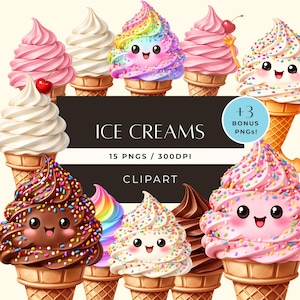 Kawaii Ice Cream Clipart, Soft Serve Ice Cream Cone Clip Art, 18 PNG Dessert Characters
