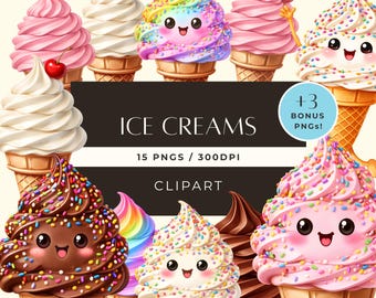 Kawaii Ice Cream Clipart, Clipart z Lodami w Rożku, 18 Postaci Deserowych PNG
