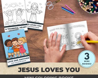 Paquete de minilibros para colorear "Jesús te ama", páginas cristianas para colorear para niños, 3 minilibros para colorear, actividades bíblicas imprimibles