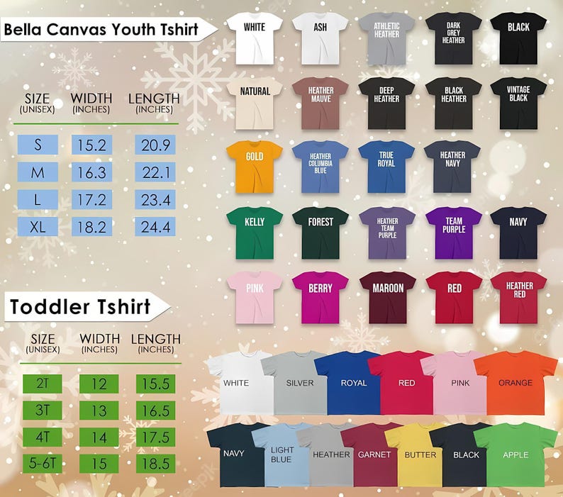 May include: A product display featuring various Bella Canvas youth and toddler t-shirts in a range of colors. The image includes a size chart with measurements in inches, and a color palette showcasing the available shirt hues.