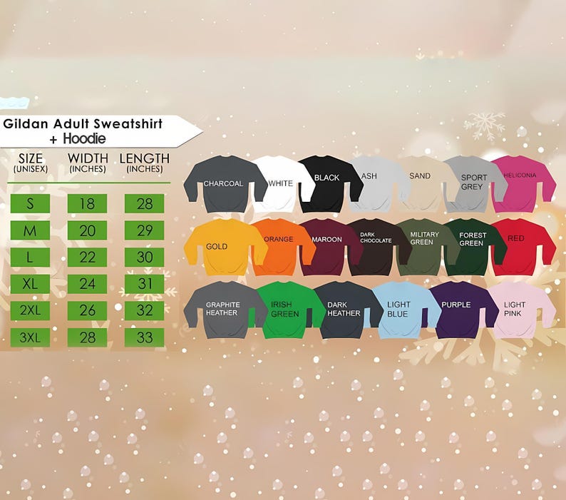 May include: A product display featuring Gildan adult sweatshirts and hoodies in various colors. The size chart shows measurements in inches, with sizes ranging from S to 3XL. Colors include black, white, and red.