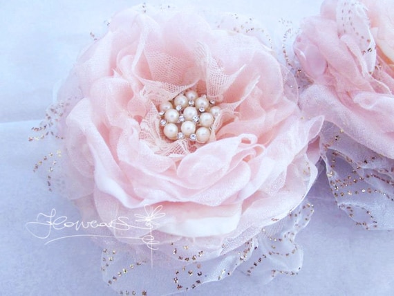 Blush Flower Organza Flower Brooch Pin Blush and Gold Organza