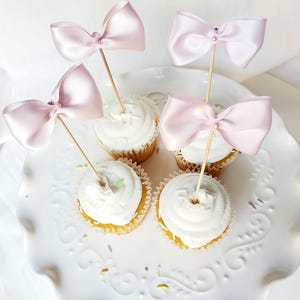 Pink Bow Cupcake Toppers Blush, Coquette Party Decor, Ribbon Party Decorations, Baby Shower Decor, Bridal Shower Blush Bow Themed Decor
