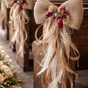 Rustic Burlap Bow with Roses, Christmas Bow Decorations, Wedding Rustic Decor, Shabby Chic Wedding & Home Decor, Aisle Pew Chair Bow Decor