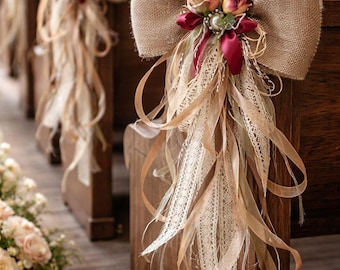 Rustic Burlap Bow with Roses, Christmas Bow Decorations, Wedding Rustic Decor, Shabby Chic Wedding & Home Decor, Aisle Pew Chair Bow Decor