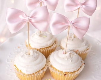 Pink Bow Cupcake Toppers Blush, Coquette Party Decor, Ribbon Party Decorations, Baby Shower Decor, Bridal Shower Blush Bow Themed Decor