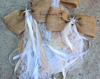 Beach wedding burlap bow with starfish, Rustic aisle bow for beach wedding, Burlap and lace wedding chair decorations, Beach Pew decor