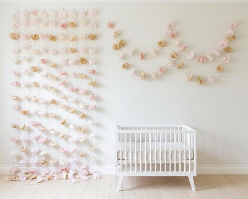 Blush & Ivory Paper Flower Garland with Satin Ribbon Bows, Wedding Backdrop, Bridal Shower Decor, Baby Shower, Birthday Party image 2