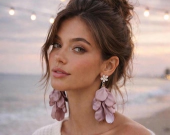 Mauve Petal Earrings, Long Statement Earrings, Drop Flower Earrings, Feminine Earring Accessories, Flower Petal Jewelry, Gifts for Her