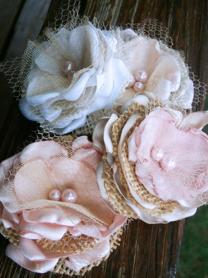 Burlap hair flowers Wedding burlap rustic decor Small fabric flowers set of 5 Rustic Bridal flower Wedding cake Cake flower decorations