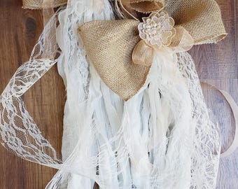 Burlap bows for Wedding Rustic Decor, Aisle Pew Burlap Bows, Rustic Chairs Decorations, Farmhouse Decor, Rag Bows with Lace and Cotton