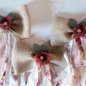 Floral Coquette Bows, Rustic Burlap Aisle Pew Chair Bows, Shabby Chic Home Décor, Farmhouse Decorations, Roses Wedding and Shower Decor