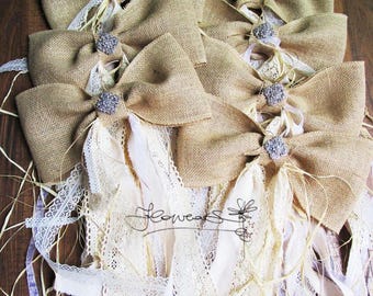 Burlap Bows with Lace, Rustic Wedding Decorations, Aisle Chairs Large Pew Bows, Rustic Party Decor,  Bridal Shower Decorations, Table Decor