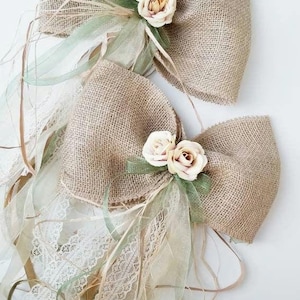 Rustic Burlap and Organza Wedding Bows with Roses, Pew, Chair, Aisle Decorations for Country Weddings, Bridal Showers, and Rustic Parties