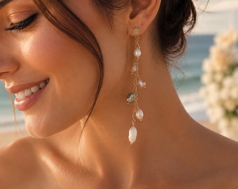 Freshwater Pearl Drop Earrings, Boho Pearl Dangle Earrings, Long Minimalist Earrings