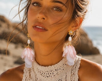 Blush Petal and Pearl Earrings, Flower Earrings, Organza Drop Earrings, Statement Earrings, Pearl Jewelry