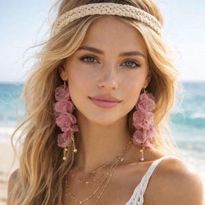 Pink Chiffon Orchid Earrings, Long Boho Floral Statement Jewelry, Statement Earrings, Drop Dangle Earrings, Floral Earrings
